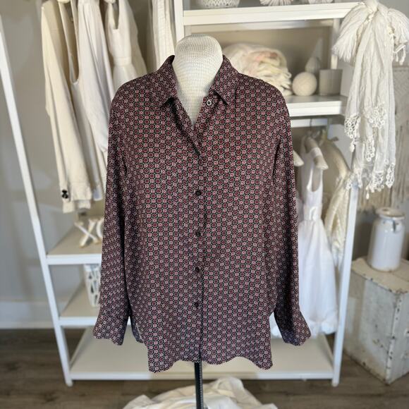 Chelsea & Theodore Women's Size 2XL Black & Red Geometric Button Up Blouse #3549 - Picture 1 of 10